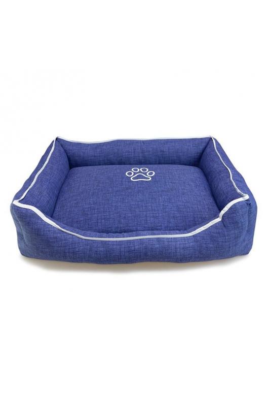 CAMA PERROS CUADRADA AZUL CON HUELLAS Y RIBETE