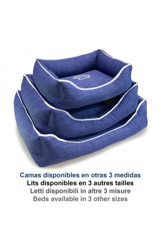 CAMA PERROS CUADRADA AZUL CON HUELLAS Y RIBETE