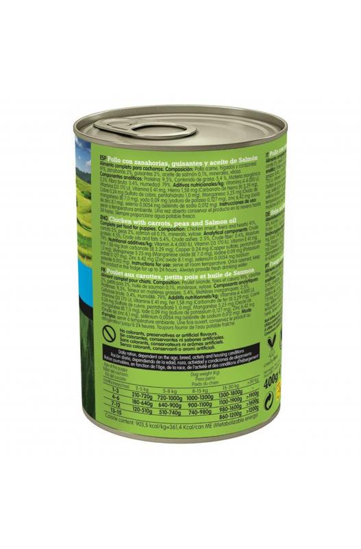 LATA JUNIOR Pollo/Zanahorias/Guisantes/Aceite de salmón 400gr.